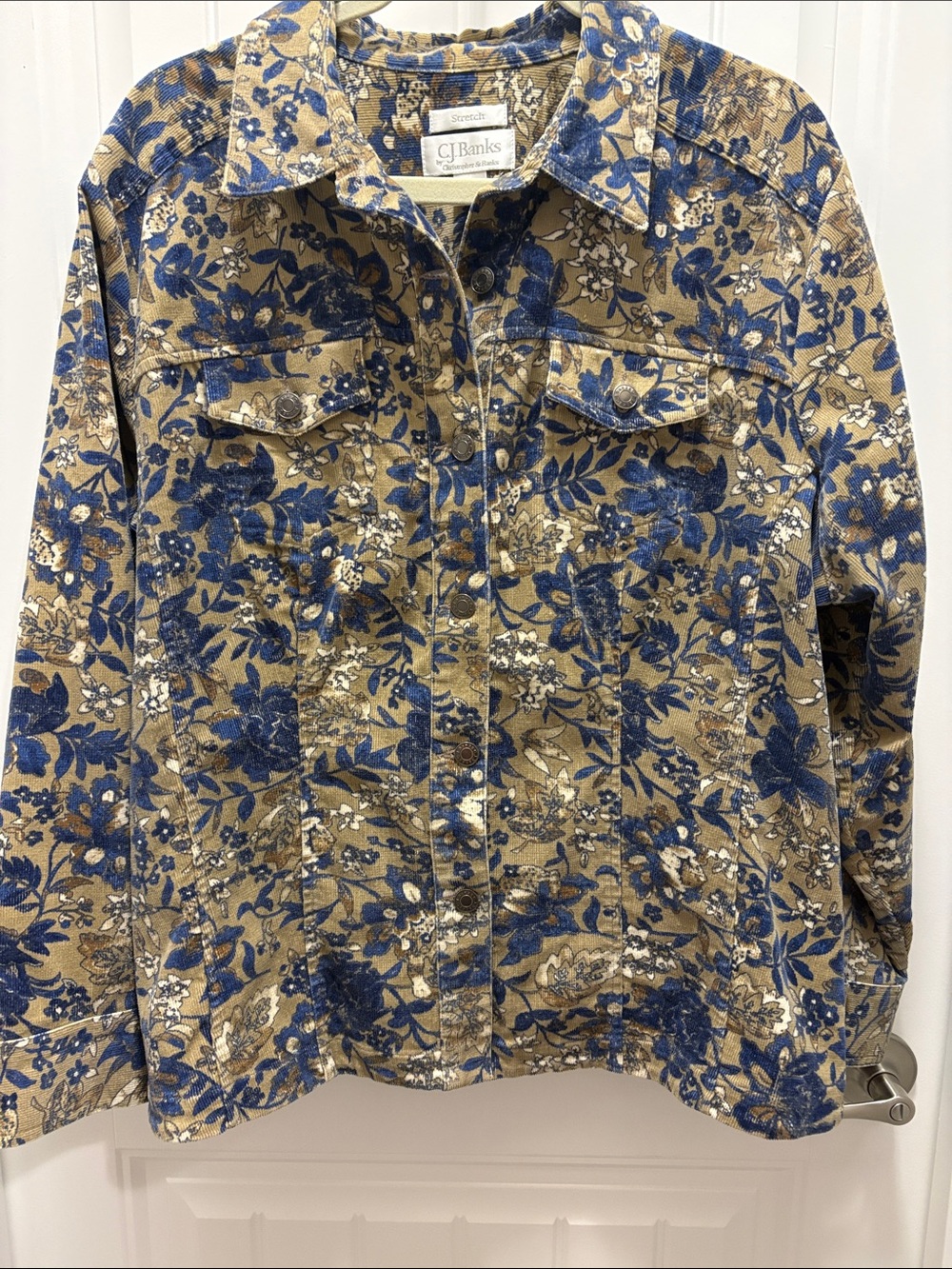 CJ Banks 2X Floral Corduroy Jacket Blue Tan Stretch Cotton Cottagecore